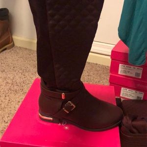 Flat over the knee boots size 7.5 Oxblood red with gold accents- wide calf
